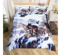 Loussiesd 3D Wolf Duvet Cover Set King Size Animals Print Bedding Set for Boys Men Lightweight Wildlife Microfiber Polyester Comforter Cover with 2 Pillow Shams, Zipper, Snow Forest 3 Pieces Boys