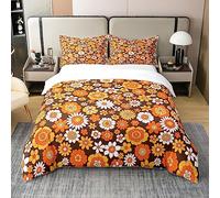 Loussiesd 60S 70S Groovy 100% Cotton Duvet Cover Single Size Retro Hippie Flower Comforter Cover Set Vintage Boho Plant Floral Bedding Cotton Duvet Cover Set Botanical Blossom Brown Bedspread Cover