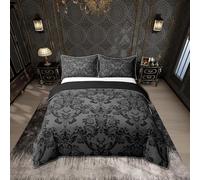 Loussiesd Adults Black Vintage Damask Floral Bedding Set Oriental Antique Comforter Cover Set Junior/Cot Bed Gothic Bohemia Boho Flower Duvet Cover Gothic Skull Bedspread