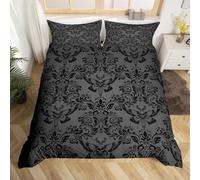 Loussiesd Adults Black Vintage Damask Floral Bedding Set Oriental Antique Comforter Cover Set Single Size Gothic Bohemia Boho Flower Duvet Cover Gothic Skull Bedspread Cover