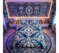 Loussiesd Adults Blue Vintage Damask Floral Bedding Set Oriental Antique Comforter Cover Set Double Size Gothic Bohemia Boho Duvet Cover Exotic Sugar Skull Bedspread Cover 3Pcs