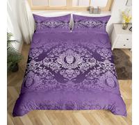 Loussiesd Adults Purple Vintage Damask Floral Bedding Set Oriental Antique Comforter Cover Set King Size Gothic Bohemia Boho Duvet Cover Exotic Sugar Skull Bedspread Cover 3Pcs