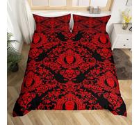 Loussiesd Adults Red Vintage Damask Floral Bedding Set Oriental Antique Comforter Cover Set Double Size Gothic Bohemia Boho Duvet Cover Exotic Sugar Skull Bedspread Cover 3Pcs
