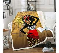 Loussiesd African Woman Themed Fleece Blanket African Pattern Warm for Sofa Couch Women Palm Tree Print Sherpa Ethnic Afro Style Bedroom Decor King 87"*94"