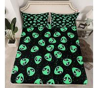 Loussiesd Alien Bed Sheet Set Kids Outer Space Alien Deep Pocket Fitted Sheet Planets Bedding Set Set for Boys Science Fiction Lightweight Green Sci-fi Bed Cover Single Size