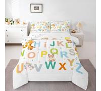 Loussiesd Alphabet Comforter Set All Season Cute Animal Nursery Bedding Set with 2 Pillow Cases ABC Learning Kids King Bedclothes Zoo Animal Educational Duvet Quilt Breathable Soft Lightweight