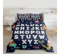 Loussiesd Alphabet Kids ABC Learning Bedding Set for Boys Girls, Cute Mermaid Comforter Set Single Size Educational Nursery Art Duvet Quilt Microfiber Sealife Bedroom Decor 2 Pcs with 1 Pillow Cases
