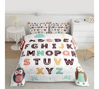Loussiesd Alphabet Kids ABC Learning Comforter Set Single Size Cartoon Owls Bedding Set for Kids Boys Girls Educational Nursery Art Duvet Quilt Wildlife Bedroom Decor 2 Pcs with 1 Pillow Cases