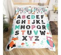 Loussiesd Alphabet Kids ABC Learning Duvet Cover Single Size Cartoon Owls Fox Hedgehog Comforter Cover for Boys Girls Educational Nursery Art Bedding Set 2Pcs Woodland Animals Room Decor