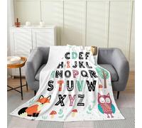 Loussiesd Alphabet Kids ABC Learning Plush Throw Blanket Cartoon Owls Fox Hedgehog Flannel Blanket Queen 90x90Inch Educational Nursery Art All Season Woodland Animals for Couch Bed Sofa Bedroom Decor