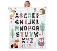Loussiesd Alphabet Kids ABC Learning Throw Blanket Cartoon Owls Fox Hedgehog Soft Fleece Sherpa Cozy Fuzzy Plush Warm Educational Nursery Art Fuzzy Plush Throw Animals Queen 90x90Inch for Bed Couch