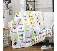 Loussiesd Alphabet Sherpa Blanket Cartoon Animals Print Fleece Throw Blanket for Kids Boys Girls Geometric Grid Plush Blanket Child Early Education Fuzzy Blanket for Sofa Bed Couch Single 50x60 Inch