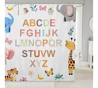 Loussiesd Alphabet Shower Curtain For Bathroom Decor ABC Learning Bath Curtain Cute Animal Nursery Bathroom Accessories Zoo Animal Educational Waterproof Polyester Fabric For Stalls Bathtubs 180x210cm