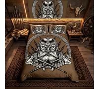 Loussiesd Ancient Viking Bedding Set,Vintage Exotic Tribe The Ax A Sword A Spear Scandinavian Logo Brown Print,Decor Comforter Cover Single Size 2 Pcs (1Duvet Cover+1 Pillowcase),Zipper