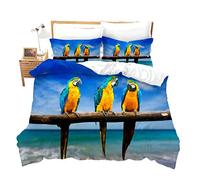 Loussiesd Animal Theme Bedding Sets Single Cute Parrots Duvet Cover Sets Tropical Birds on Branches Print Pattern Blue Kid Boy Girl Quilt Cover Nature Wildlife Bedclothes Zipper&Ties