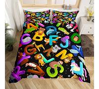Loussiesd Animals Alphabet Bedding Set for Girls Boys Child Kids Abc Education Comforter Cover Preschool Decorative Cute Cartoon Wildlife Duvet Cover English Alphabets Bedspread Cover Single 2Pcs