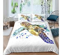 Loussiesd Antique Sea Turtle Duvet Cover Set Underwater Wildlife Animal Bedding Set Watercolor Blue Green Bedding & Linen Set Room 2Pcs Single Size,Zipper