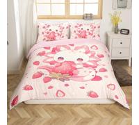Loussiesd Axolotl Bedding Set Eating Strawberry Duvet Cover for Kids Boys Girls Cartoon Animal Comforter Cover Kawaii Marine Life Bedspread Cover with 2 Pillowcases 3Pcs Bedding Double