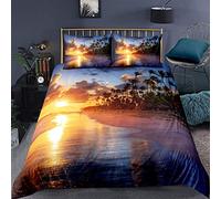 Loussiesd Beach Duvet Cover Set Summer Sea Ocean Bedding Set Hawaiian Tripocal Palm Tree Nature Scene Comforter Cover Microfiber with 2Pillow Shams,Zipper, 3D Print Double Decor Sunset 3 Pieces