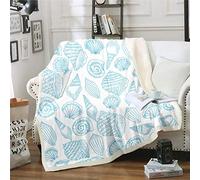 Loussiesd Beach Shell Fuzzy Fleece Throw Blanket - Ocean Marine Themed Sea Creatures Sherpa Plush Blanket for Bed Sofa - Blue White Double 60"x79"