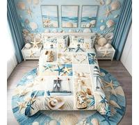 Loussiesd Beach Themed Duvet Cover Set Double Size Ocean Navigation Bedding Set Sea Starfish Seashell Lighthouse Microfiber Polyester Comforter Cover with 2 Pillow Shams, Zipper, Soft