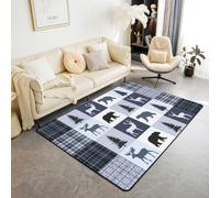 Loussiesd Bear Deer Area Rug 150*200cm Cabin Lodge Living Room Rugs for Kids Girls Bedroom Blue Rustic Buffalo Check Decor Carpet with Non-Slip Backing Farmhouse Country Moose Indoor Floor Mat Plaid