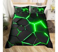 Loussiesd Bed Breathing Beehive King Green Black Fire Breathing Hexagonal Bed Cover Sleeve Bed Set Geometric Breathable Simplist Room Decor Kids Teenagers