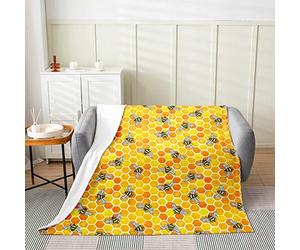 Loussiesd Bees and Flowers Throw Blanket, Garden Cute Bee Honeycomb Throw Blanket, Hexagonative Plush Blanket for Kids Girls Boys Orange Fuzzy Blanket Queen 90x90 Inch