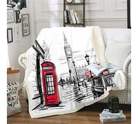 Loussiesd Big Ben Fleece Throw Blanket Telephone Booth Print Blanket Modern London Theme Sherpa Blanket for Room Decor Famous Cityscape Plush Blanket Single 50"x60"