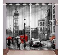 Loussiesd Big Ben Window Treatments London Cityscape Window Curtain Retro UK Theme Window Drape Panels for Boys Girls Kids Room Decor Famous City Scene Blackout Drapes Gray Red W46*L72 Grommet Top