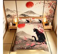 Loussiesd Black Cat Duvet Cover Set Single Size Cherry Blossoms Anime Bedding Set Kids Boys Girls Sunset Fuji Mountain Decor Duvet Cover with 1 Pillowcase Japanese Style Bedding