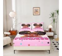 Loussiesd Black Girl Fitted Sheet with 1 Pillowcase Single Size African American Bed Sheets Set 16" Deep Pocket Black Girl Magic Bedding Pink Princess Bedroom Decor