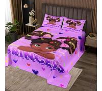 Loussiesd Black Magic Girl Bedspread Quilts African American Girl Coverlet Set Double Size Glitter Purple Princess Quilted Coverlet for All Season With 2 Pillowcases Cute Heart Pattern Microfiber