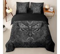 Loussiesd Black Moth Damask Duvet Cover With Sheets 7 Piece Double Size Gothic Bohemia Boho Bedding Set for Kids Boys Girls Death Moth Complete Bedding Set Room Decor Soft Lightweight Microfiber