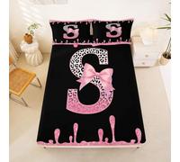 Loussiesd Black Pink Bow Fitted Sheet King Size for Kid Boys Personalized Initial S Bed Sheets Set 16" Deep Pocket Soft Breathable Microfiber Ribbon Bow Knot Bedding with 2 Pillowcases Room Decor