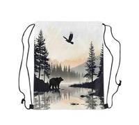 Loussiesd Black White Lake Drawstring Backpack Beer Woodland Tree Gym String Bag Smoky Mountain Rustic Animals Sports Sackpack Natural Scenery Waterproof Cinch Bag