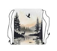 Loussiesd Black White Lake Drawstring Backpack Rustic Deer Woodland Tree Gym String Bag Smoky Mountain Animals Sports Sackpack Natural Scenery Waterproof Cinch Bag