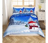 Loussiesd Blue Christmas Bedding Set Snowman Reversible Duvet Cover Set Snow Country Comforter Cover Xmas Festival New Year Quilt Cover with 1 Pillowcases (Single) Cute Elk Bed Cover