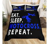 Loussiesd Blue Dirt Bike Duvet Cover Racing Motocross Bedding Set for kids boys Eat Sleep Motorcross Comforter Cover Extreme Sports Bedspread Cover Motorbike Room Decor Quilt Cover Double Size Boys