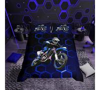 Loussiesd Blue Dirt Bike Duvet Cover Set Cot Size For Kids Boys Teens Bedroom Hexagonal Honeycomb Bedding Set Geometric Extreme Sports Comforter Cover with 1 Pillowcase
