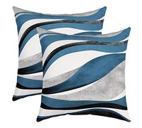 Loussiesd Blue Grey Stripe Square Cushion Covers Set of 2 Set Reversible Throw Pillow Covers Decor Geometric Pillow Covers Home Decor Set Modern Striped Art 16x16 Inch