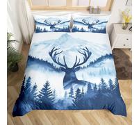 Loussiesd Blue Misty Forest Deer Duvet Cover King Size Nature Mountain Landscape Bedding Set for Boys Girls Woodland Animal Comforter Cover Rustic Cabin Bedroom Decor 3Pcs 2 Pillowcase