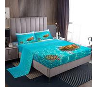 Loussiesd Blue Ocean Bed Sheets Set Boys and Girls 3D Turtle Bedding Set Hawaii Sea Beach Fitted Sheets 4Pcs Sheets Includes 1 Sheet & 1 Flat Sheet with 2 Pillowcase Soft Double