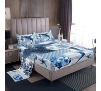 Loussiesd Blue Ocean Shark Bed Sheets Sets King Size Kids Boys Girls Beach Plaid Bedding Set Marine Coastal Bed Sheet Set With 16-inch Deep Pockets 4pcs With 2 Pillow Cases