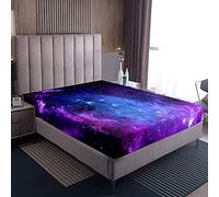 Loussiesd Blue Purple Galaxy Bed Sheet Double for Children Starry Sky Fitted Sheet Space Universe Cosmos Non-Slip Soft Microfiber Youth Fitted Sheet Milky Way Galaxy