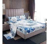 Loussiesd Blue Sailboat Bed Sheets Set Double Size Plaid Ocean Deep Pocket Fitted Sheet Sea Adventure Bedding Sets Soft Bed Set 4pcs With 2 Pillow Cases