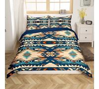 Loussiesd Blue Southwestern Bedding Set King Size Geometric Comforter Cover Set Tribal Western Decor Native American Design Duvet Cover Stripe Line Bedspread Cover Room Decor Quilt Cover(No Comforter)