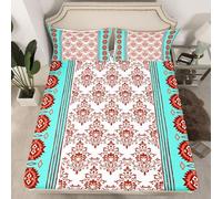 Loussiesd Bohemian Aztec Fitted Sheet with 2 Pillowcases Double Size Western Damask Bed Sheets Set 16" Deep Pocket Boys Girls Vintage Victorian Baroque Bedding Blue White Teens Bedroom Decor Soft