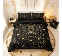 Loussiesd Bohemian Celestial Sun Moon Bedding Set Single Moon Stars Duvet Cover Set for Boys Girls Kids Golden Black Comforter Cover Ultra Soft Quilt Cover Bedroom Decor Sun and Moon Bedspread Cover