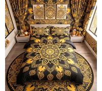 Loussiesd Bohemian Double Duvet Cover Set,Black Golden Boho Chic Mandala Bedding Set3Pcs Soft Microfiber Decorative Gold Comforter Cover With Zipper